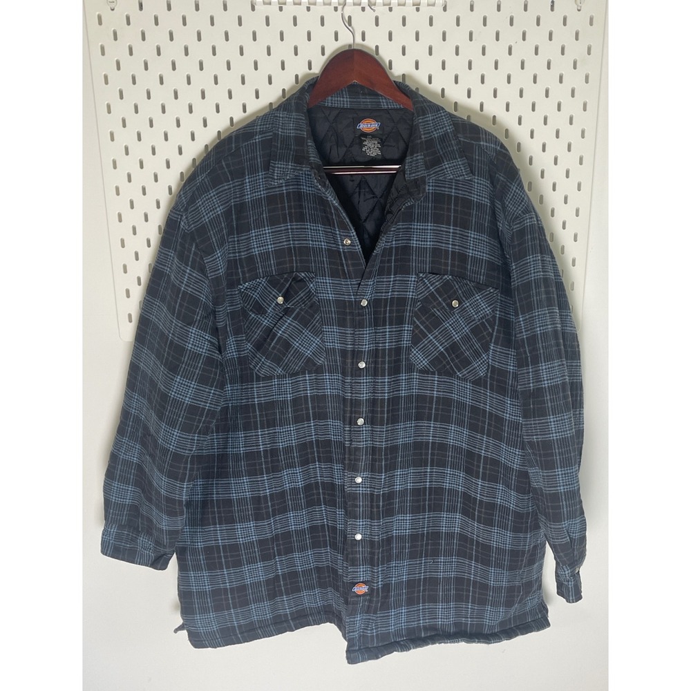 Dickies Mens 2XL Quilted Flannel Shirt Jacket Blue Black Plaid Snap Front Padded